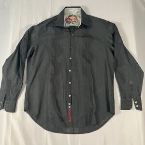 Robert Graham Dress Shirt Mens Large Black Paisley Embroidered Button Silk